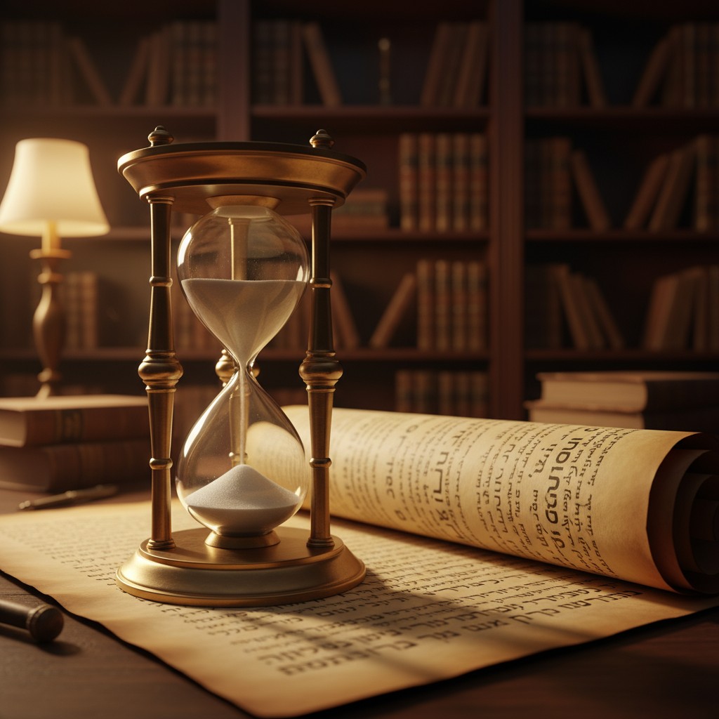 An hourglass on top of a book, with writing in the background. The bookstore depicts an old, cozy setting in the backgroun...