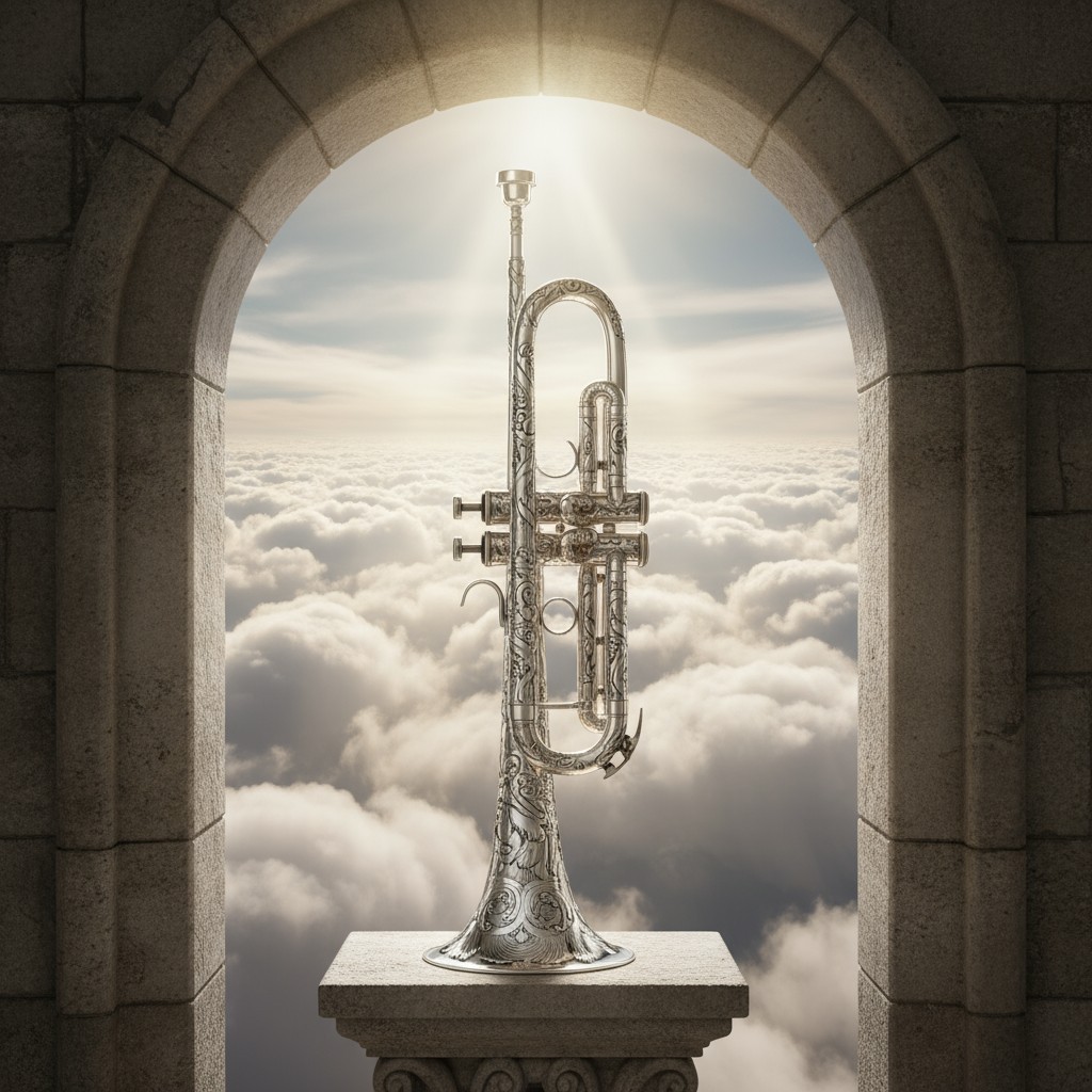 A silver trumpet stands on a pedestal within an arched stone structure, set against a backdrop of clouds under a radiant sun.